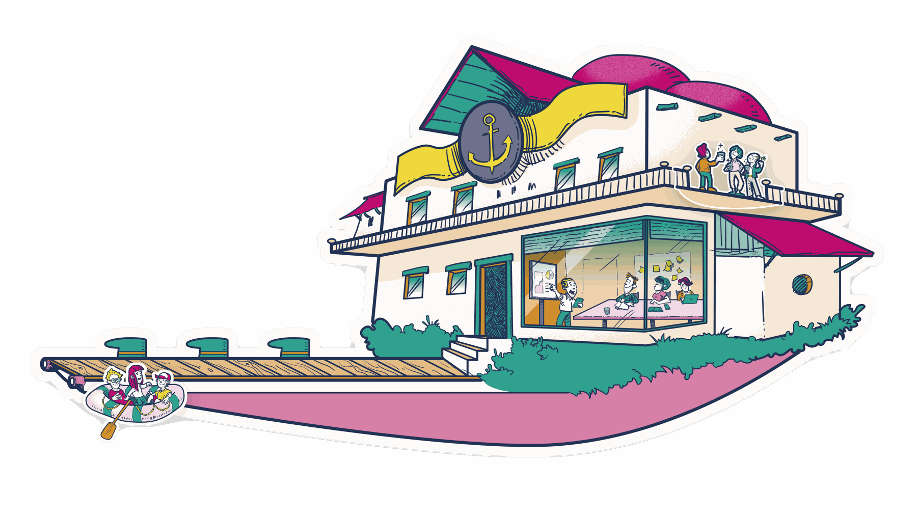 Illustration des KI Hafen: das Hafenhaus mit Anker-Emblem, Steg und Schlauchboot, Apéro auf dem Balkon und ein Training im Schulungsraum hinter der Fensterfront