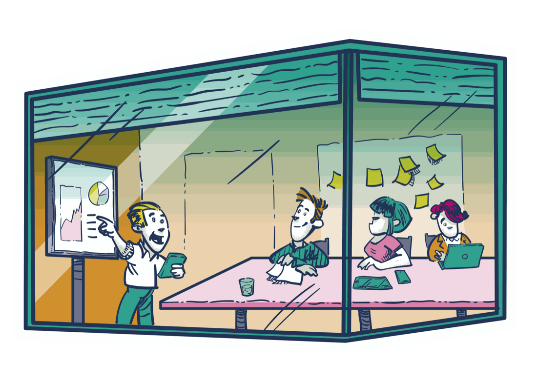 Illustration: Team im Schulungsraum, eine Person präsentiert an der Tafel